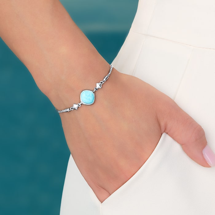 Light blue Bracelet with silver and larimar Adjustable Bolo Bracelet by Marahlago 