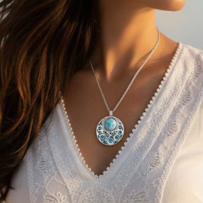 Medallion Necklace in sterling silver with larimar