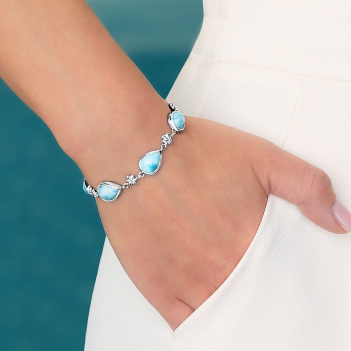 Larimar Sterling Silver ML Logo Adjustable Link Bracelet Marahlago Jewelry pear Gemstone 