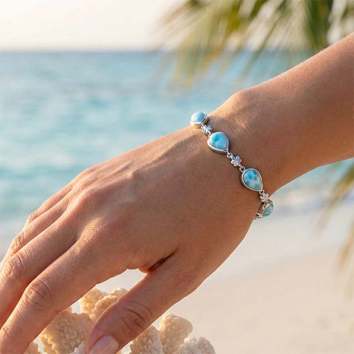 Larimar Sterling Silver ML Logo Adjustable Link Bracelet Marahlago Jewelry pear Gemstone 