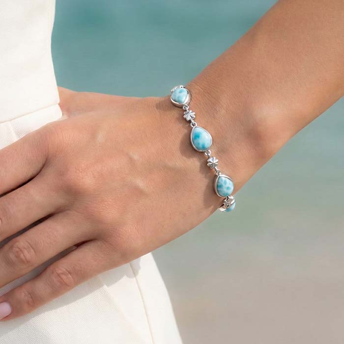 Larimar Sterling Silver ML Logo Adjustable Link Bracelet Marahlago Jewelry pear Gemstone 