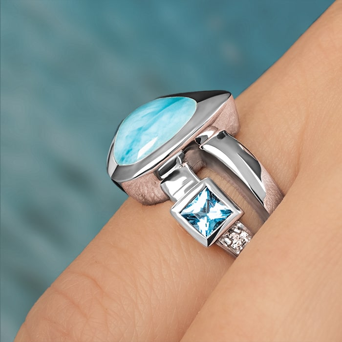 Blue Topaz Larimar Sterling Silver Curva Ring Marahlago Jewelry White Topaz 