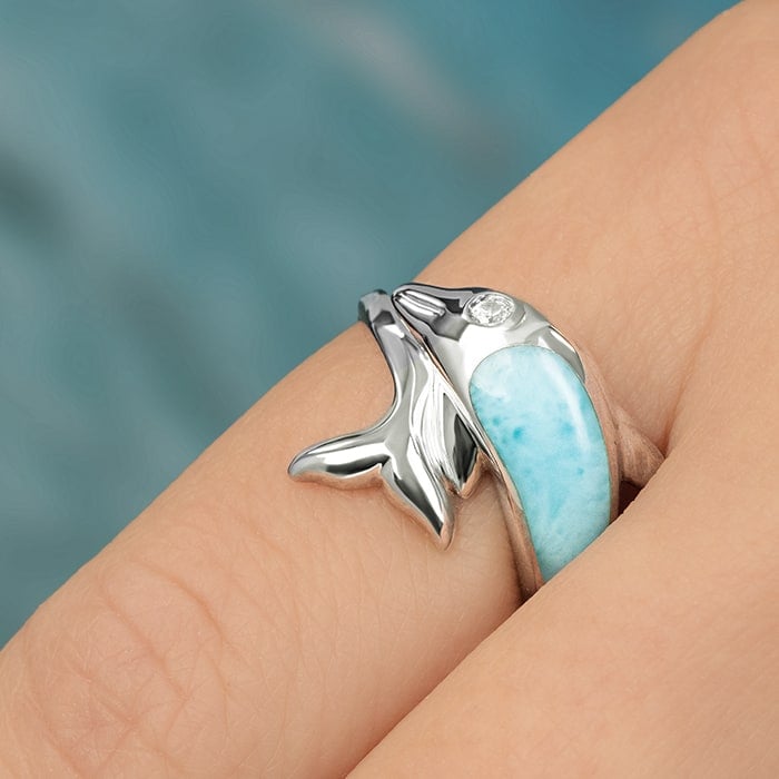 Dolphin Ring in sterling silver with larimar stones by Marahlago Jewelry