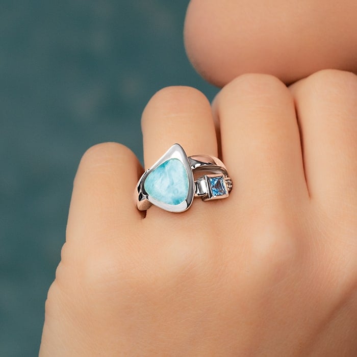 Blue Topaz Larimar Sterling Silver Curva Ring Marahlago Jewelry White Topaz 