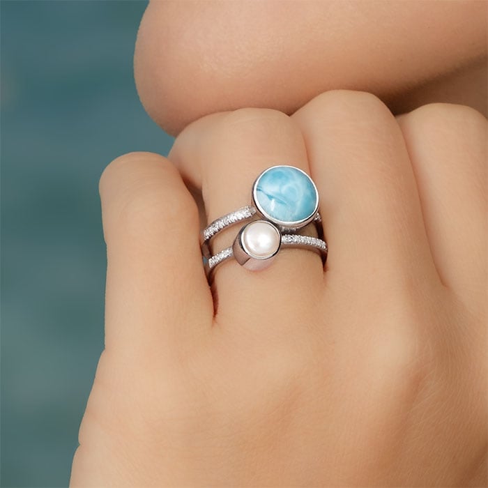 Serenade Ring with white sapphires and larimar by Marahlago
