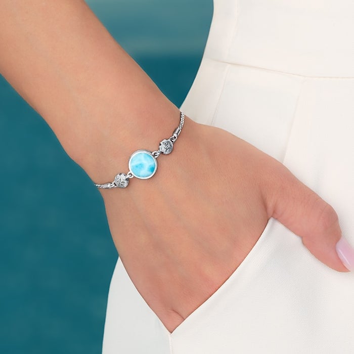 Sand Dollar Bracelet with silver and larimar Adjustable Bolo Bracelet by Marahlago 