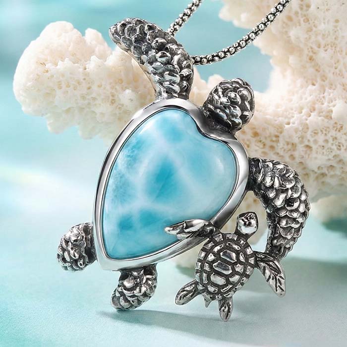 Turtle Charm with larimar and silver