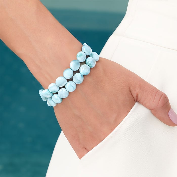 Authentic Larimar sliding Adjustable Bracelet Marahlago fine Jewelry Round Natural Gemstone Coin Beads Macrame braided