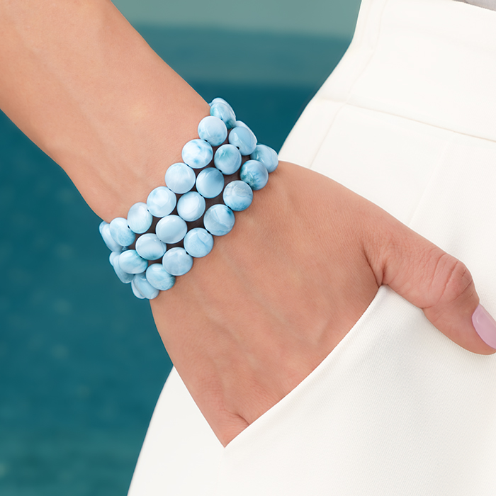 Authentic Larimar sliding Adjustable Bracelet Marahlago fine Jewelry Round Natural Gemstone Coin Beads Macrame braided