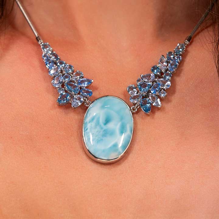 Larimar Sterling Silver Grace Pendant Necklace Marahlago Jewelry oval Gemstone Blue Spinel Blue Topaz 