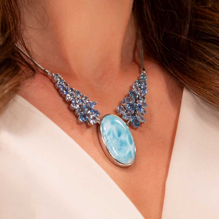 Larimar Sterling Silver Grace Pendant Necklace Marahlago Jewelry oval Gemstone Blue Spinel Blue Topaz 