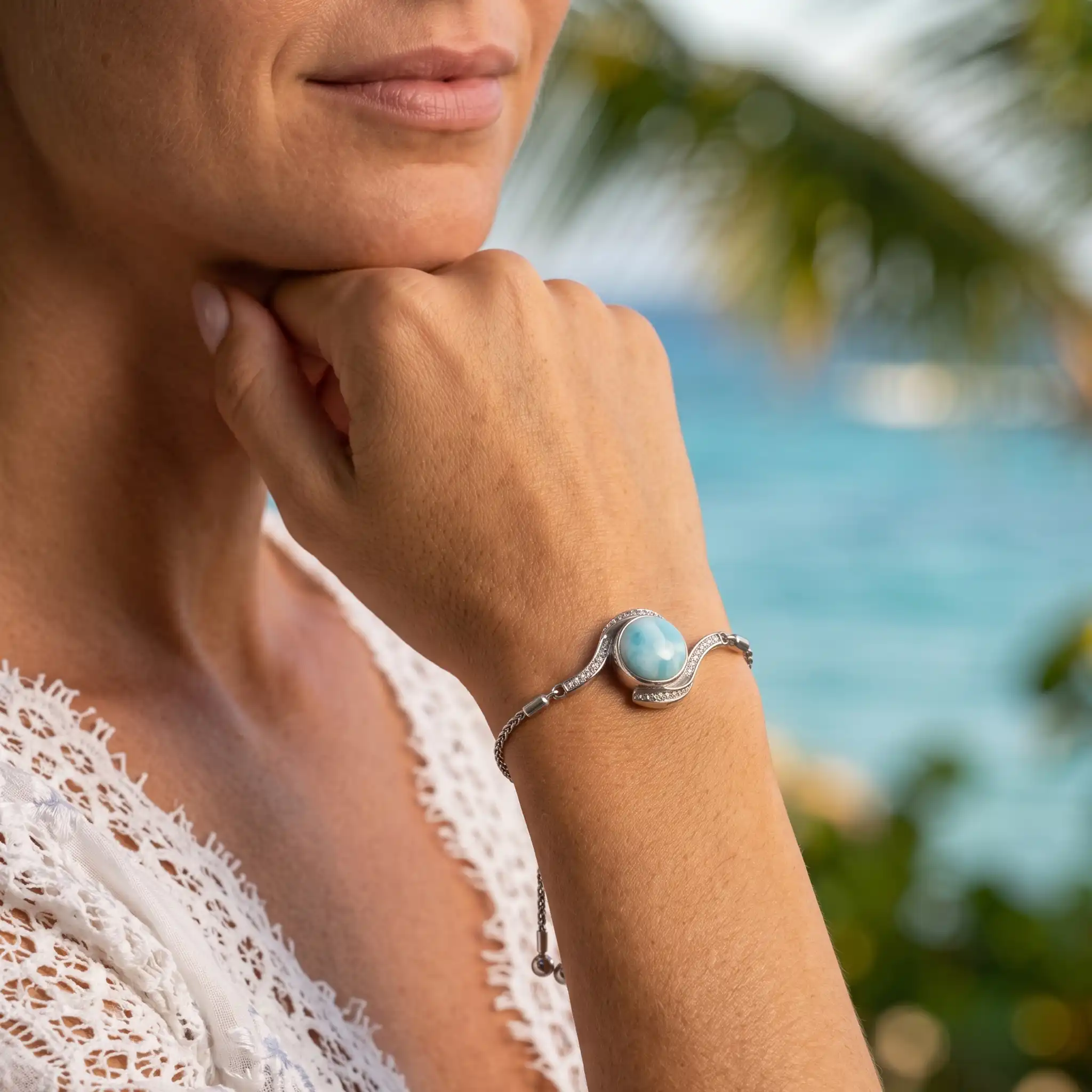 Larimar Silver Bolo Bracelet with  gemstones by Marahlago Jewelry