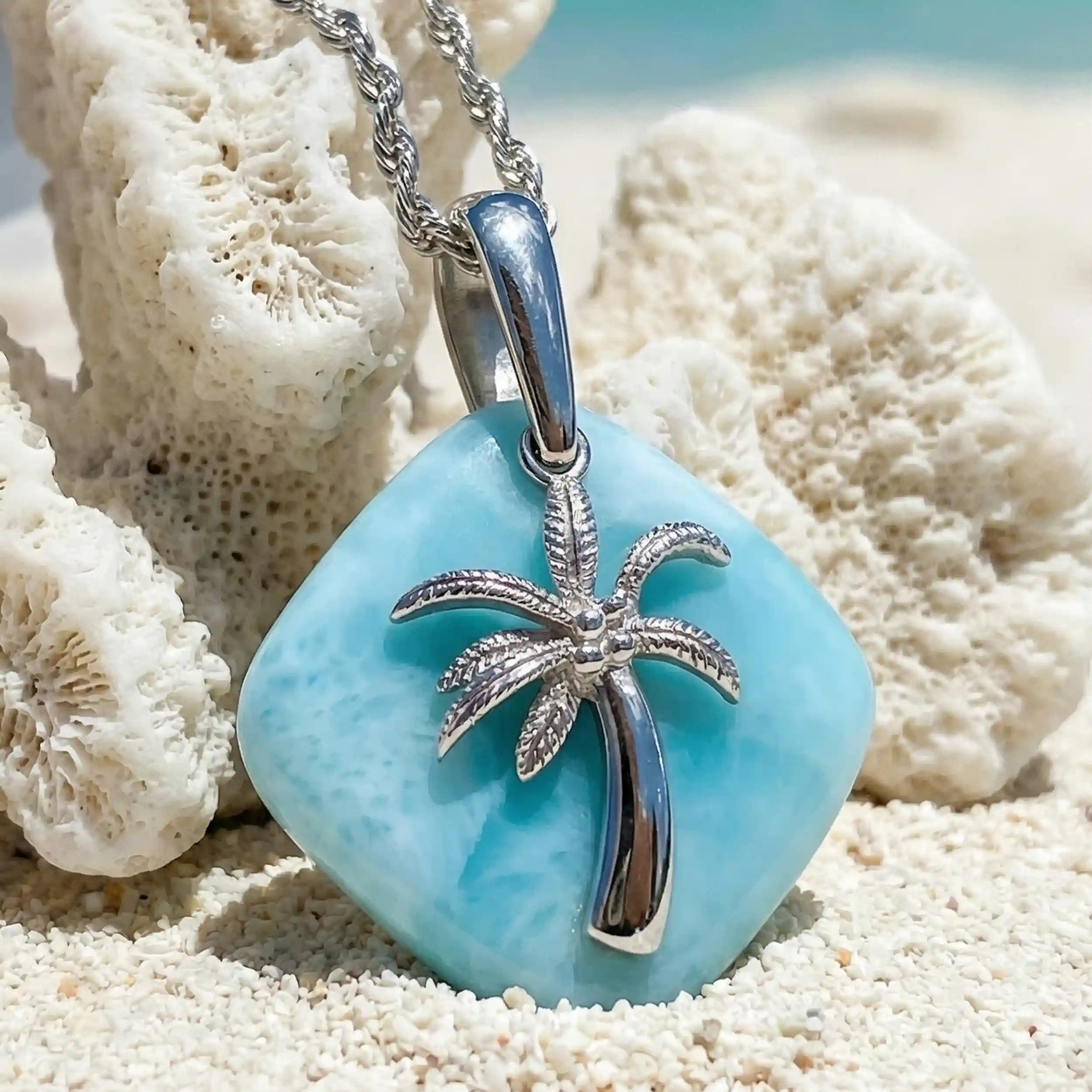 Palm Tree Necklace in sterling silver Larimar 