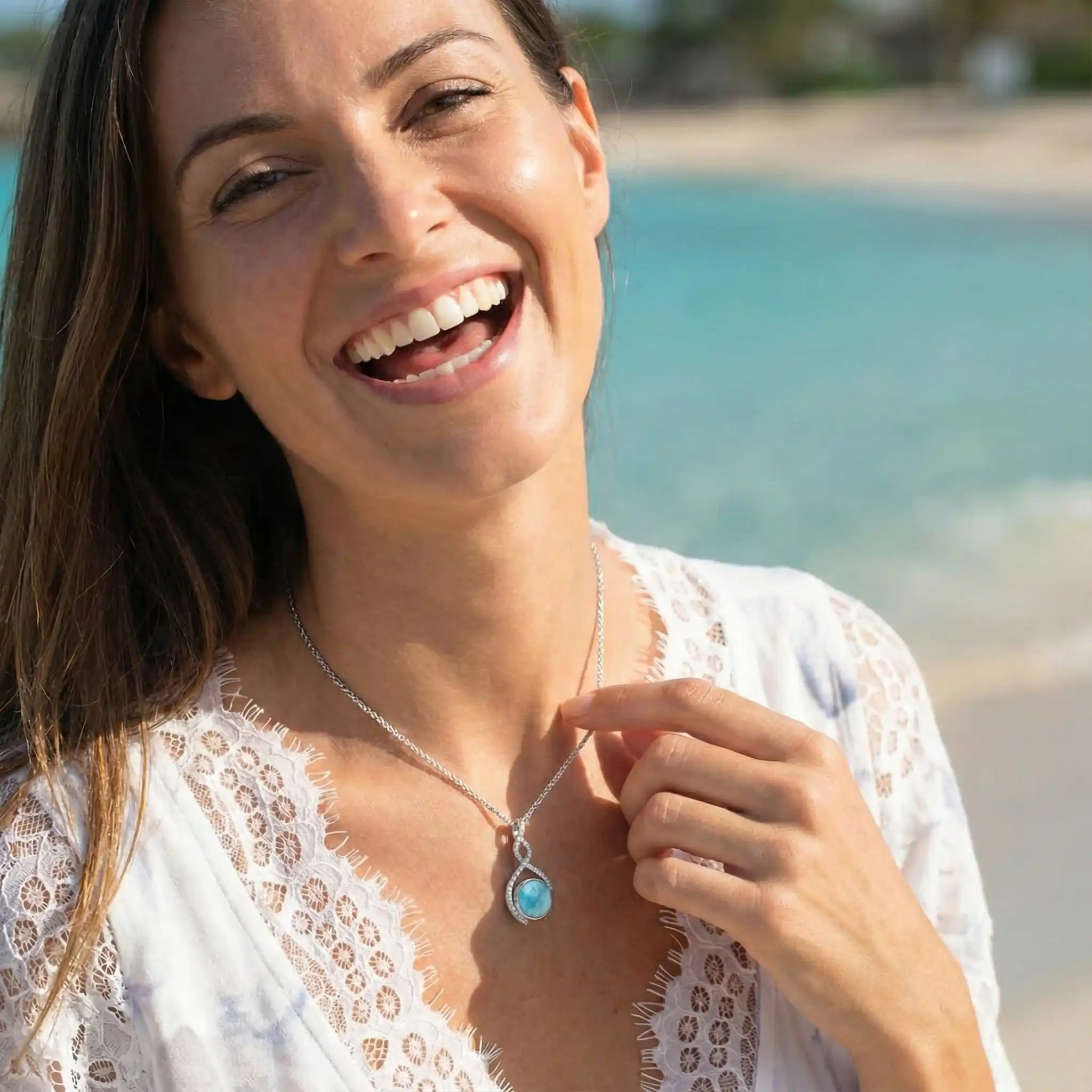 Larimar Sterling Silver Adella Pendant Necklace Marahlago Jewelry round Gemstone White Sapphire 