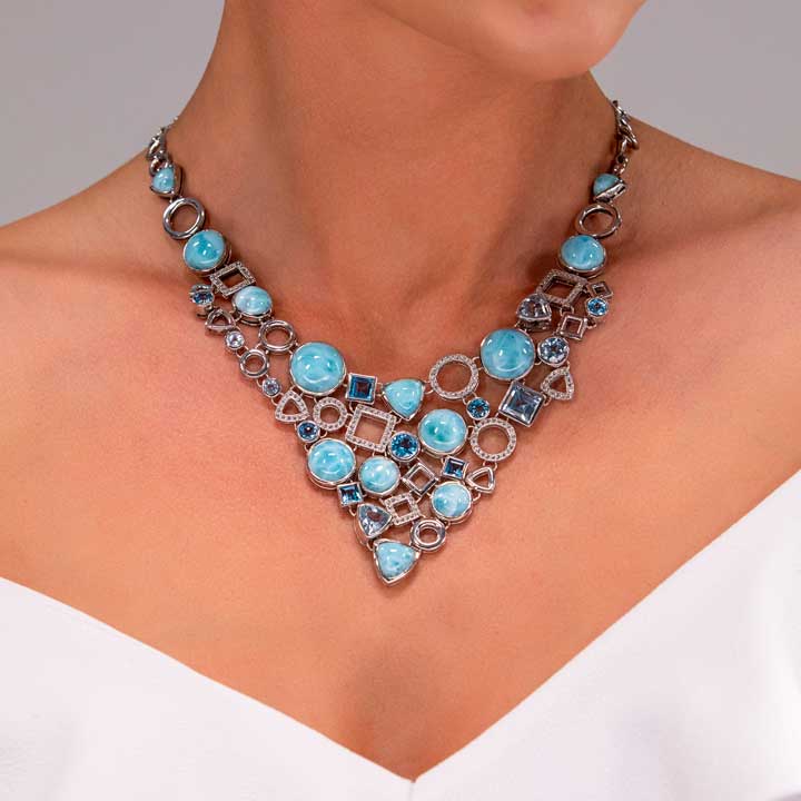 Larimar Sterling Silver Alexandria Pendant Necklace Marahlago Jewelry round Gemstone Blue Topaz White Sapphire 