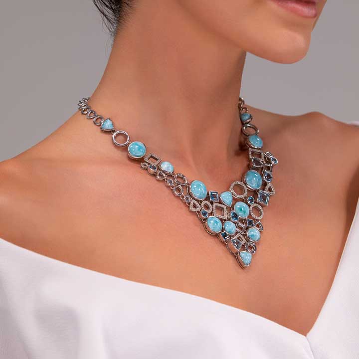 Larimar Sterling Silver Alexandria Pendant Necklace Marahlago Jewelry round Gemstone Blue Topaz White Sapphire 