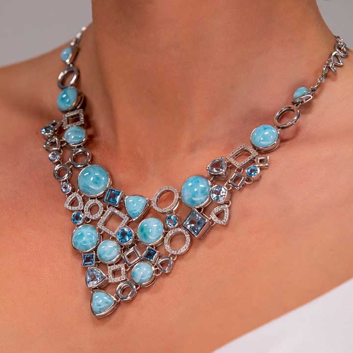 Larimar Sterling Silver Alexandria Pendant Necklace Marahlago Jewelry round Gemstone Blue Topaz White Sapphire 