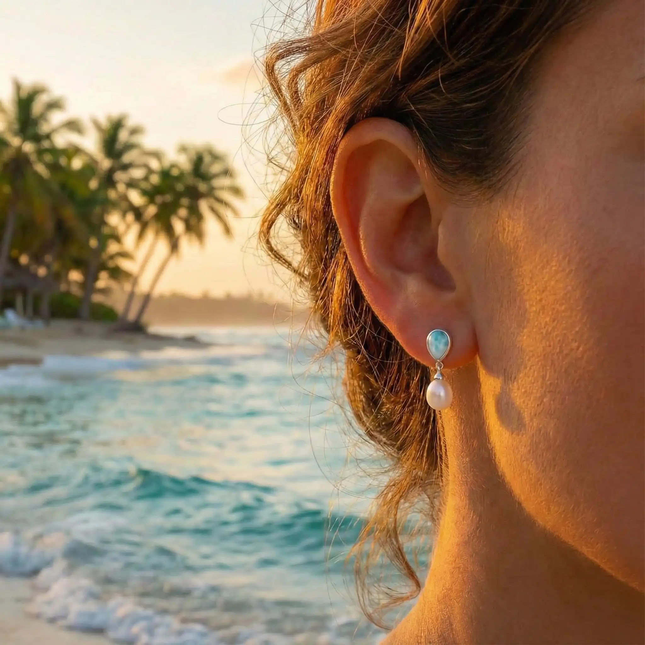 Pearl Earrings With Larimar and silver