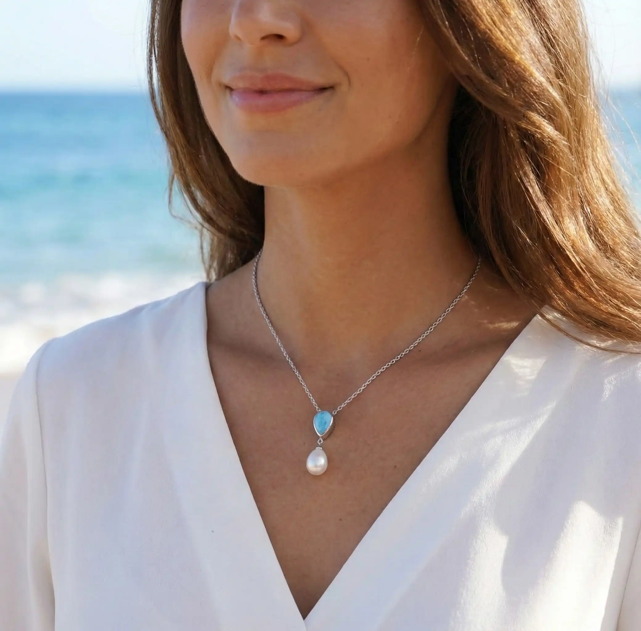 Pearl Necklace with larimar