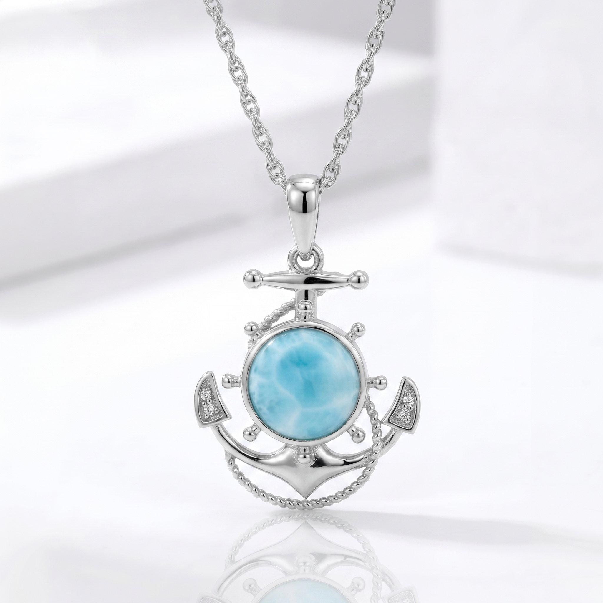 Anchor Larimar Necklace Sterling Silver Ocean Pendant