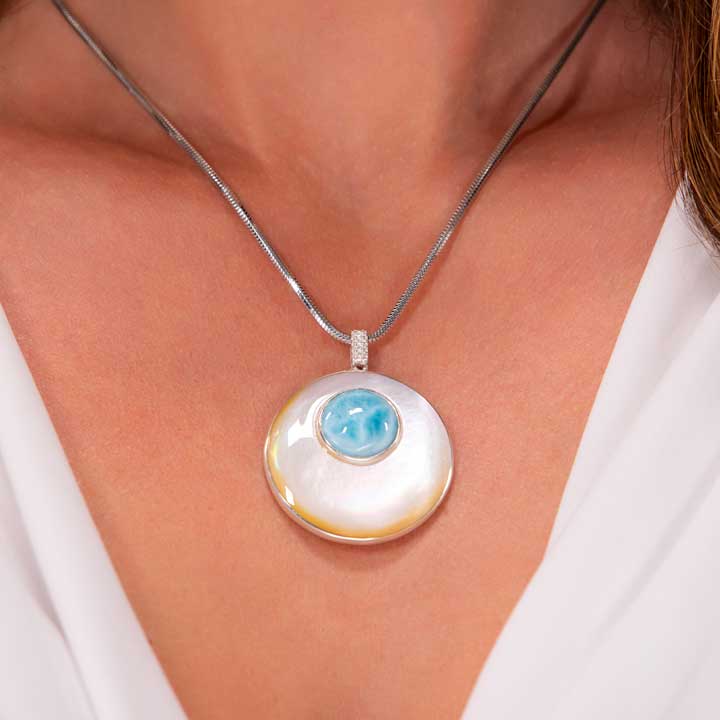 Mother of Pearl Necklace in sterling silver with Larimar by marahlago