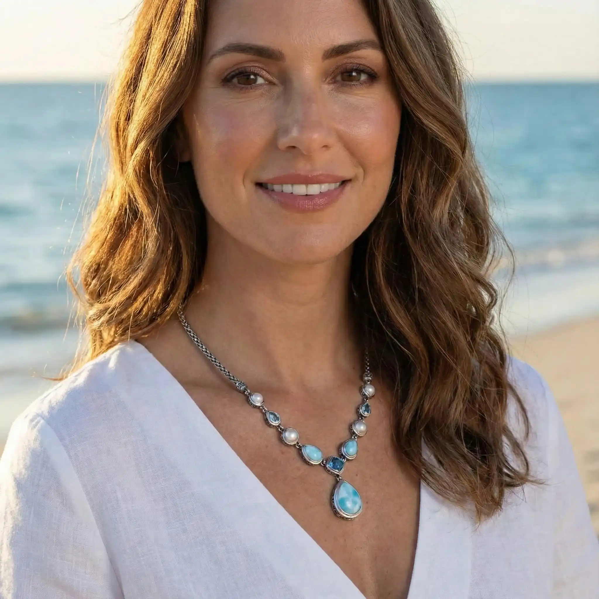 larimar necklace on lava rocks
