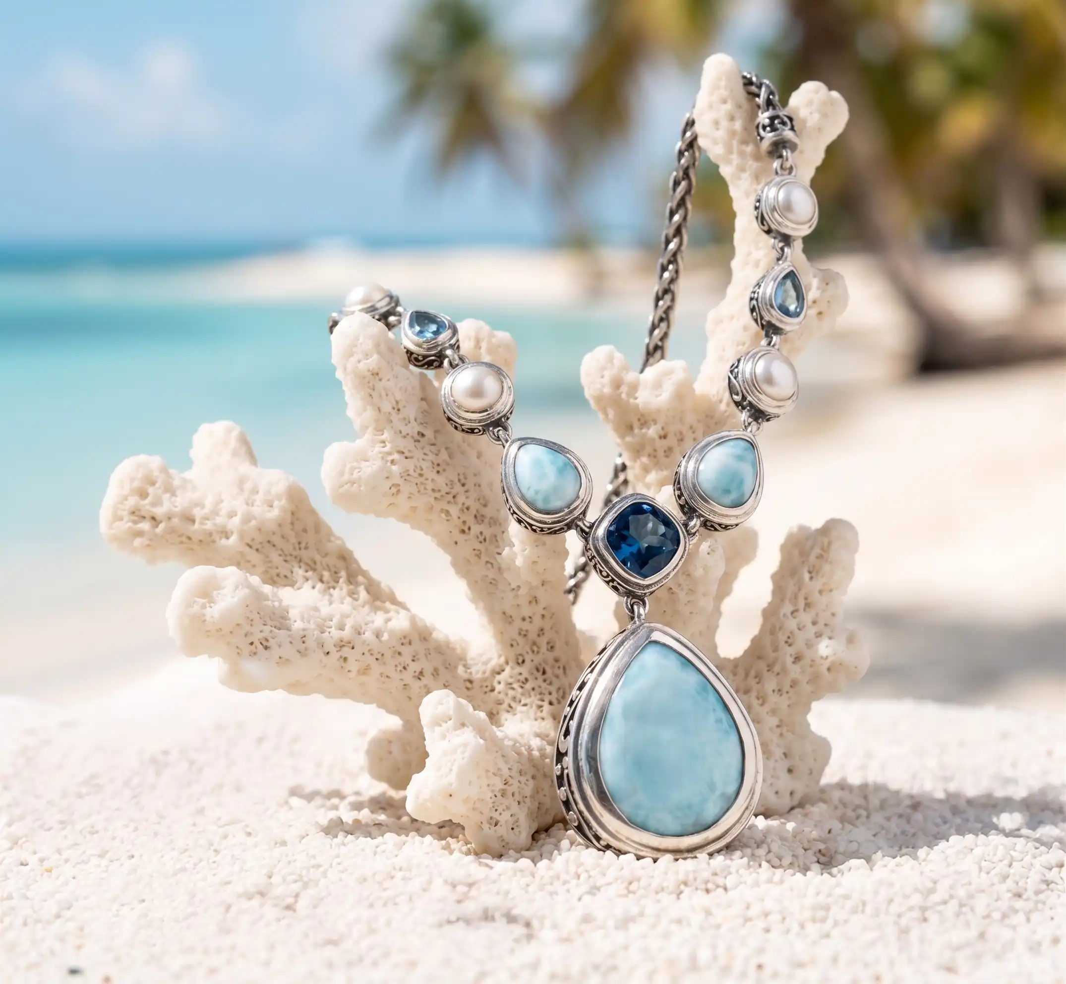 Gemstone necklace in sterling silver with larimar