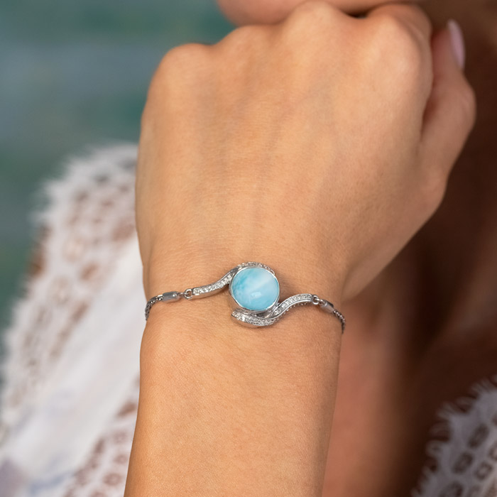 Larimar Sterling Silver Adella Bolo Adjustable Bolo Bracelet Marahlago Jewelry round Gemstone White Sapphire
