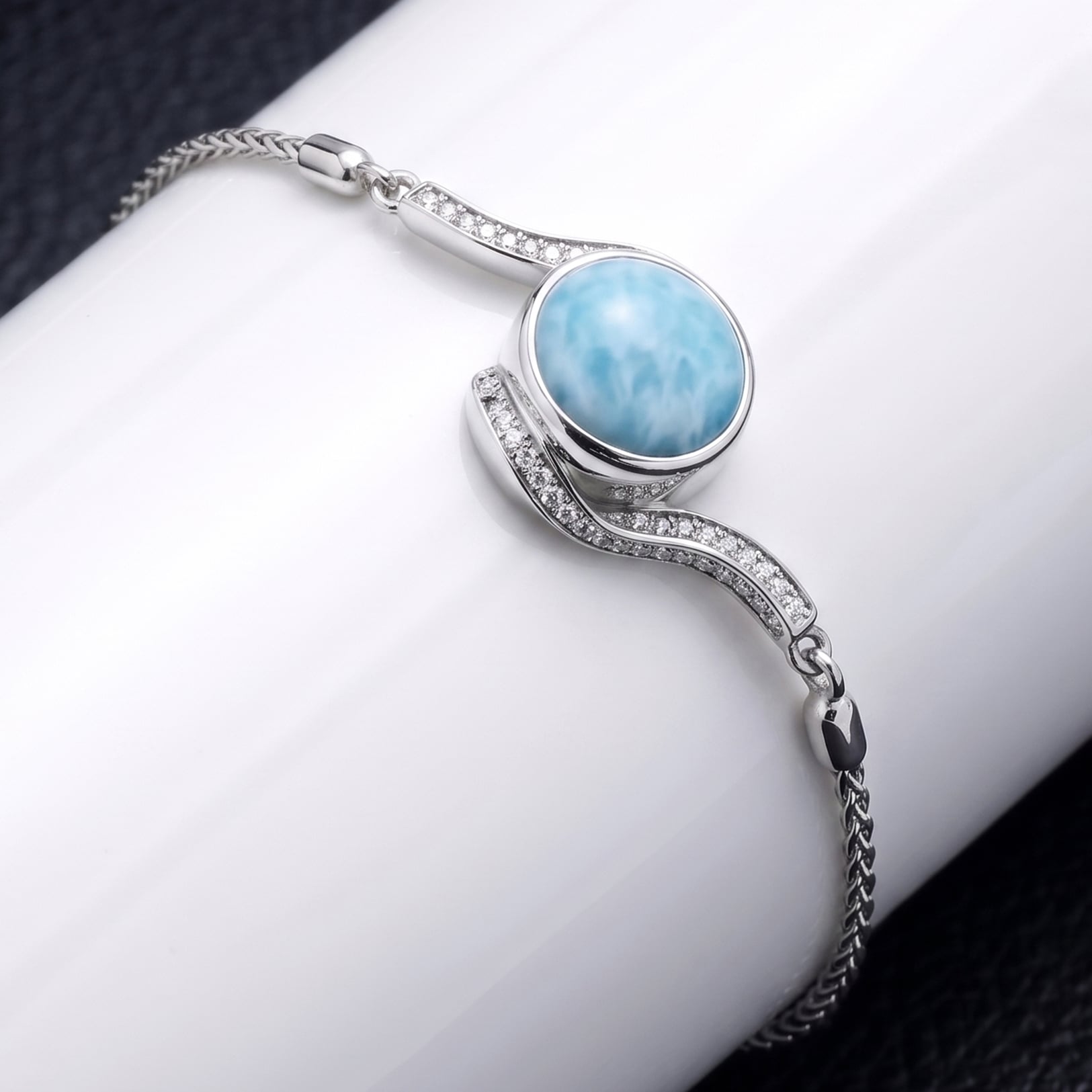Larimar Silver Bolo Bracelet with  gemstones by Marahlago Jewelry