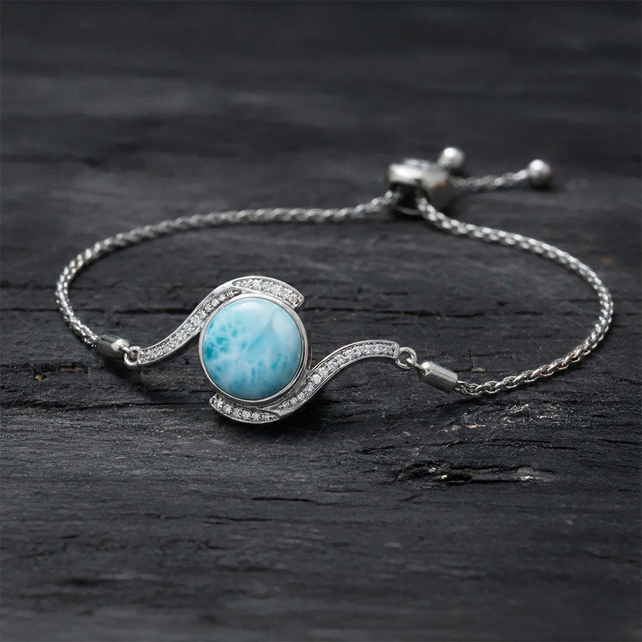 Silver Bolo Bracelet with larimar gemstones by marahlago jewelry