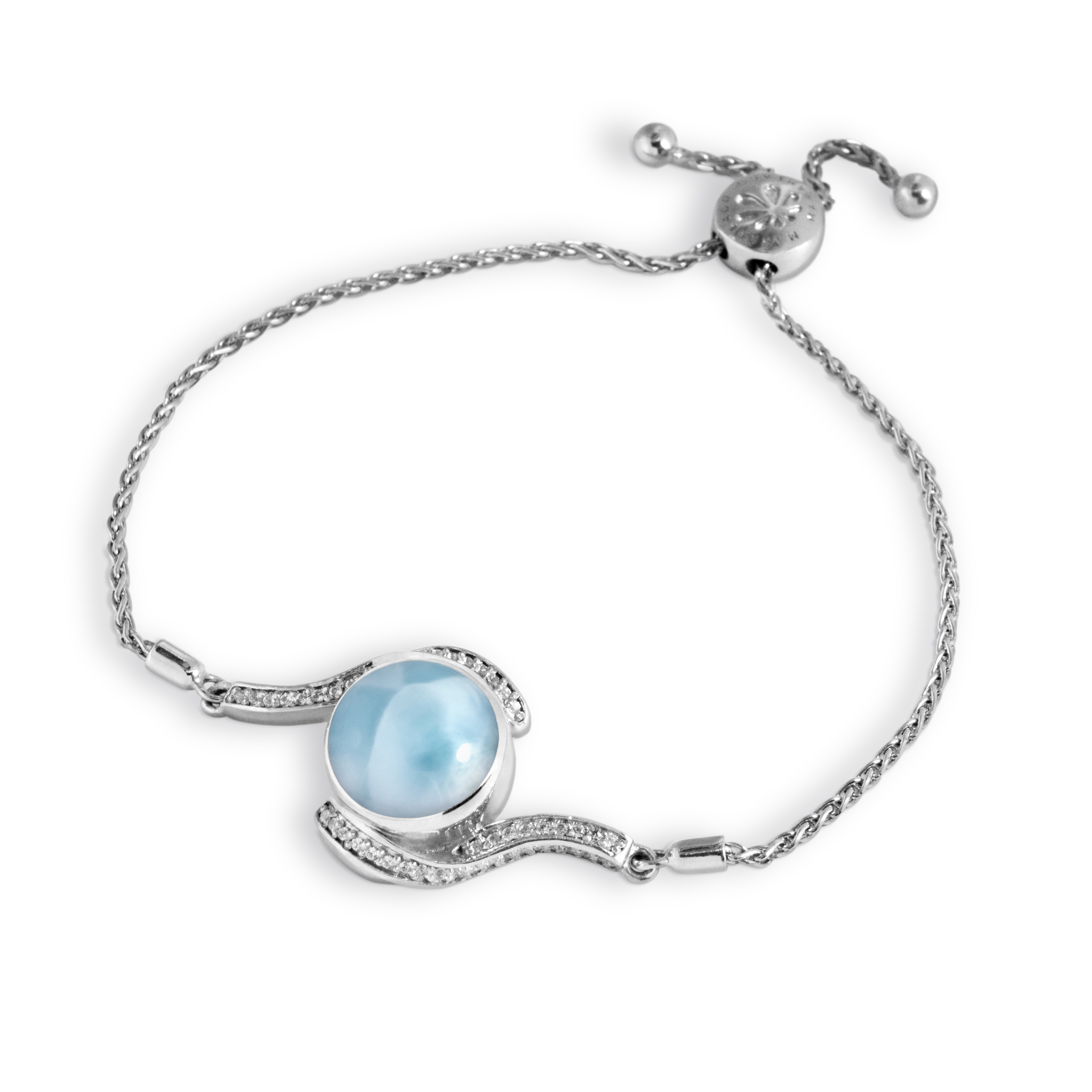 Larimar Sterling Silver Adella Bolo Adjustable Bolo Bracelet Marahlago Jewelry round Gemstone White Sapphire