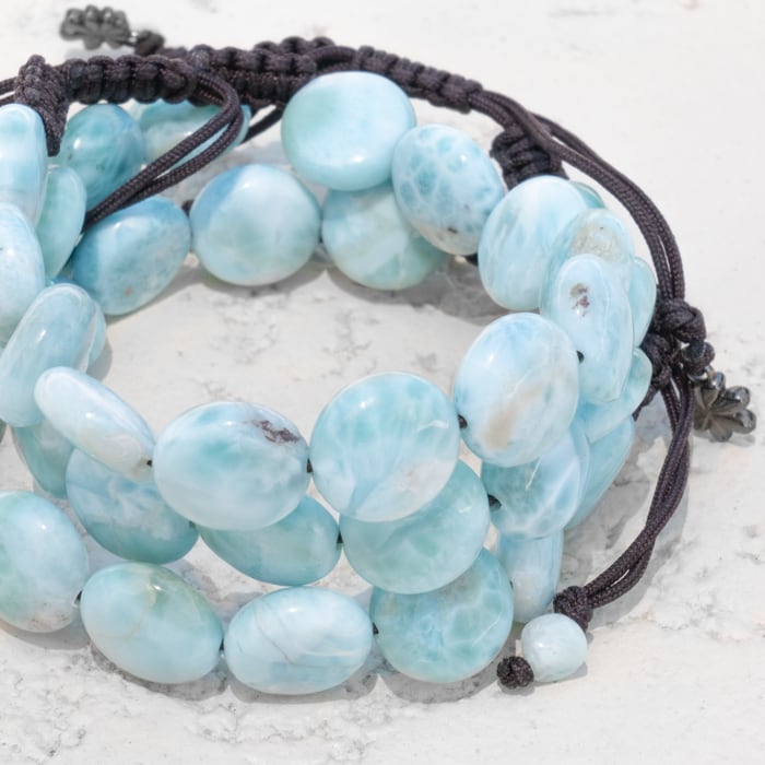 Authentic Larimar sliding Adjustable Bracelet Marahlago fine Jewelry Round Natural Gemstone Coin Beads Macrame braided