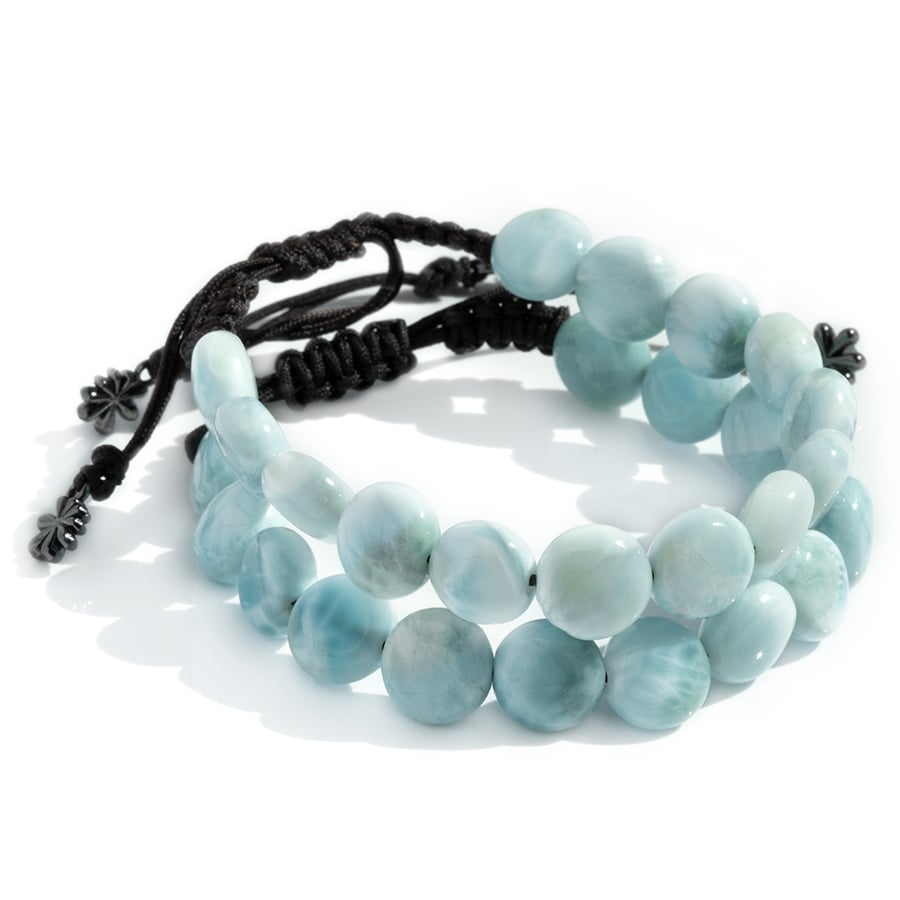 Authentic Larimar sliding Adjustable Bracelet Marahlago fine Jewelry Round Natural Gemstone Coin Beads Macrame braided