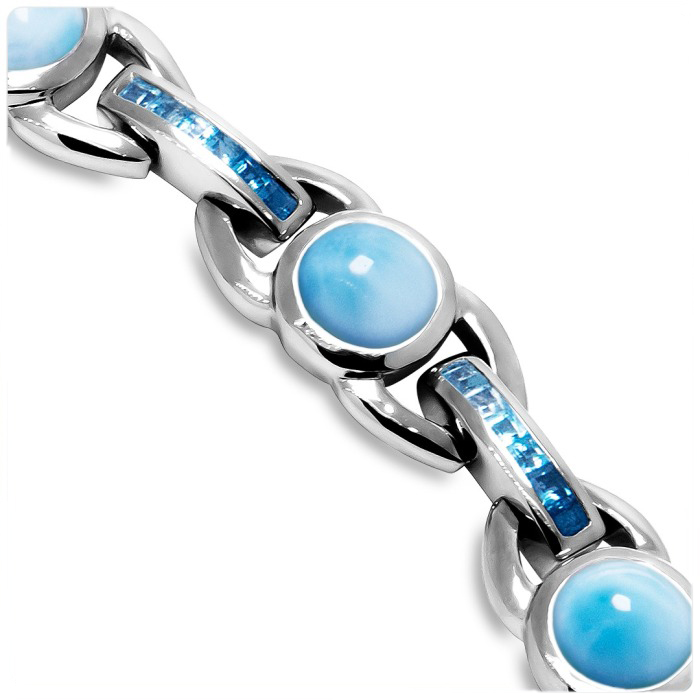Larimar Sterling Silver Aqua Adjustable Link Bracelet Marahlago Jewelry round Gemstone Blue Topaz 