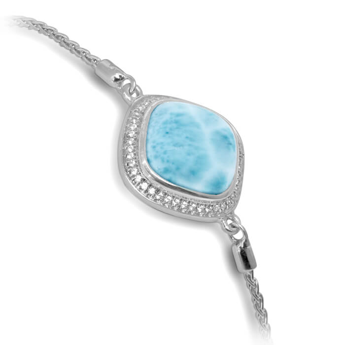 Larimar Sterling Silver Clarity Cushion Adjustable Bolo Bracelet Marahlago Jewelry square Gemstone White Sapphire 