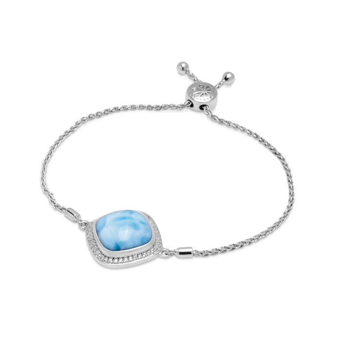 Larimar Sterling Silver Clarity Cushion Adjustable Bolo Bracelet Marahlago Jewelry square Gemstone White Sapphire