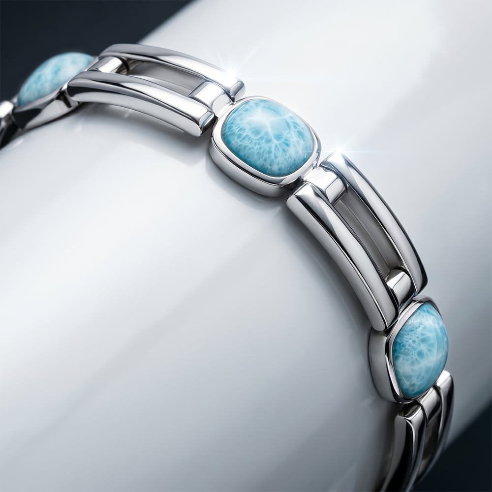 Larimar Sterling Silver Adjustable Link Bracelet Marahlago Jewelry Del Mar square Gemstone 