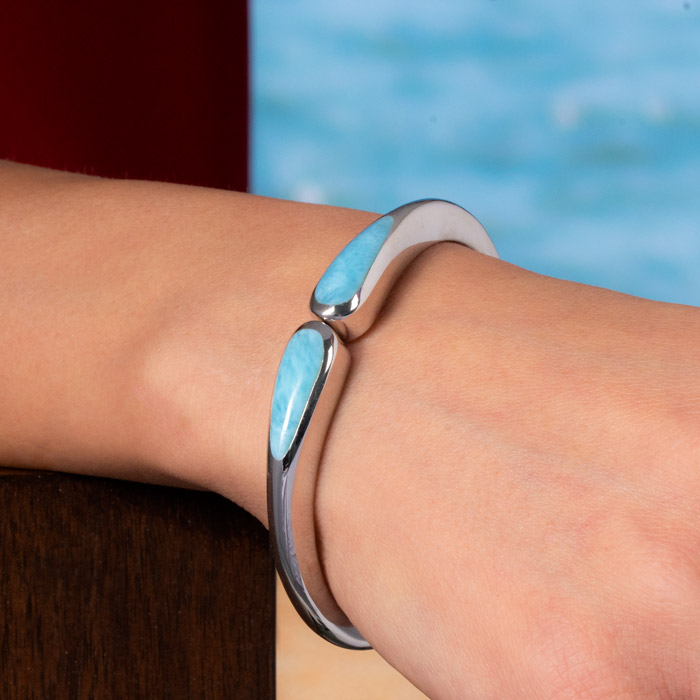 Larimar Sterling Silver Indra Bangle Bracelet Marahlago Jewelry pear Gemstone