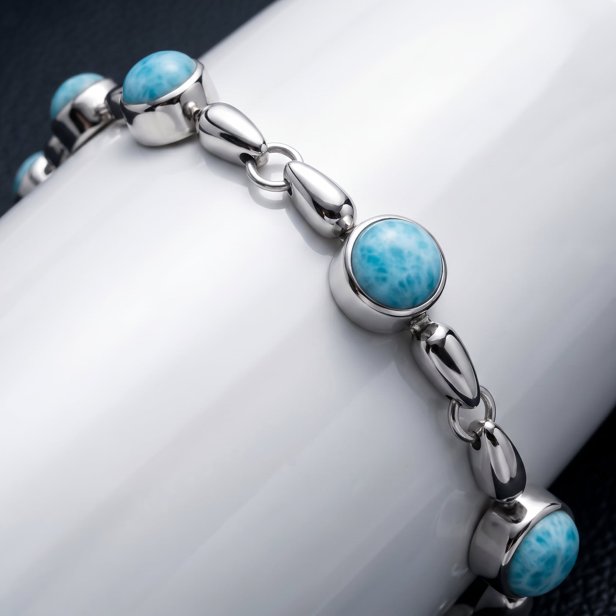 Larimar Sterling Silver Liquido Adjustable Link Bracelet Marahlago Jewelry round Gemstone 