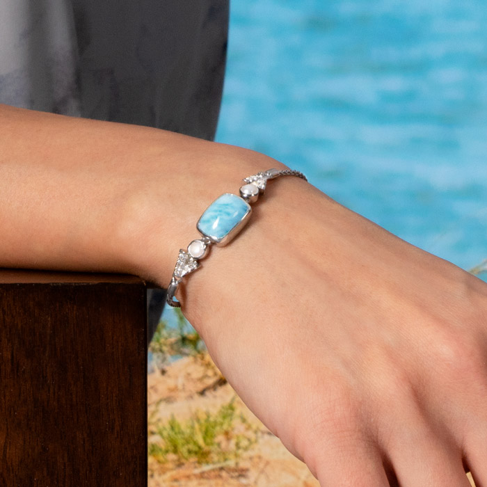 Larimar Sterling Silver Mirage Adjustable Bolo Bracelet Marahlago Jewelry Freshwater Pearl White Sapphire