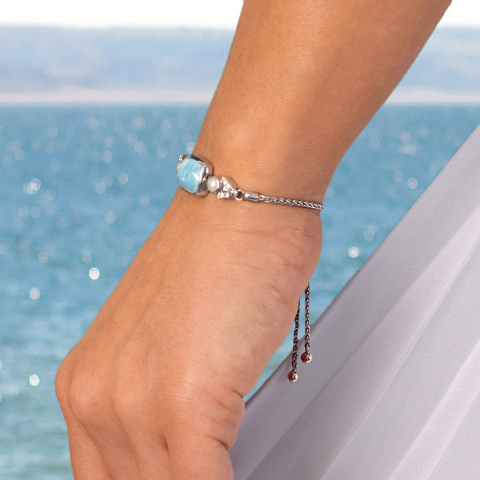 Larimar Sterling Silver Mirage Adjustable Bolo Bracelet Marahlago Jewelry Freshwater Pearl White Sapphire