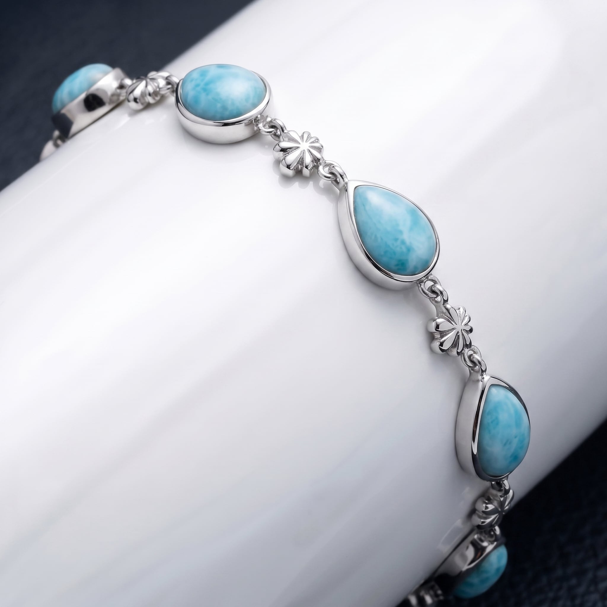 Larimar Sterling Silver ML Logo Adjustable Link Bracelet Marahlago Jewelry pear Gemstone 