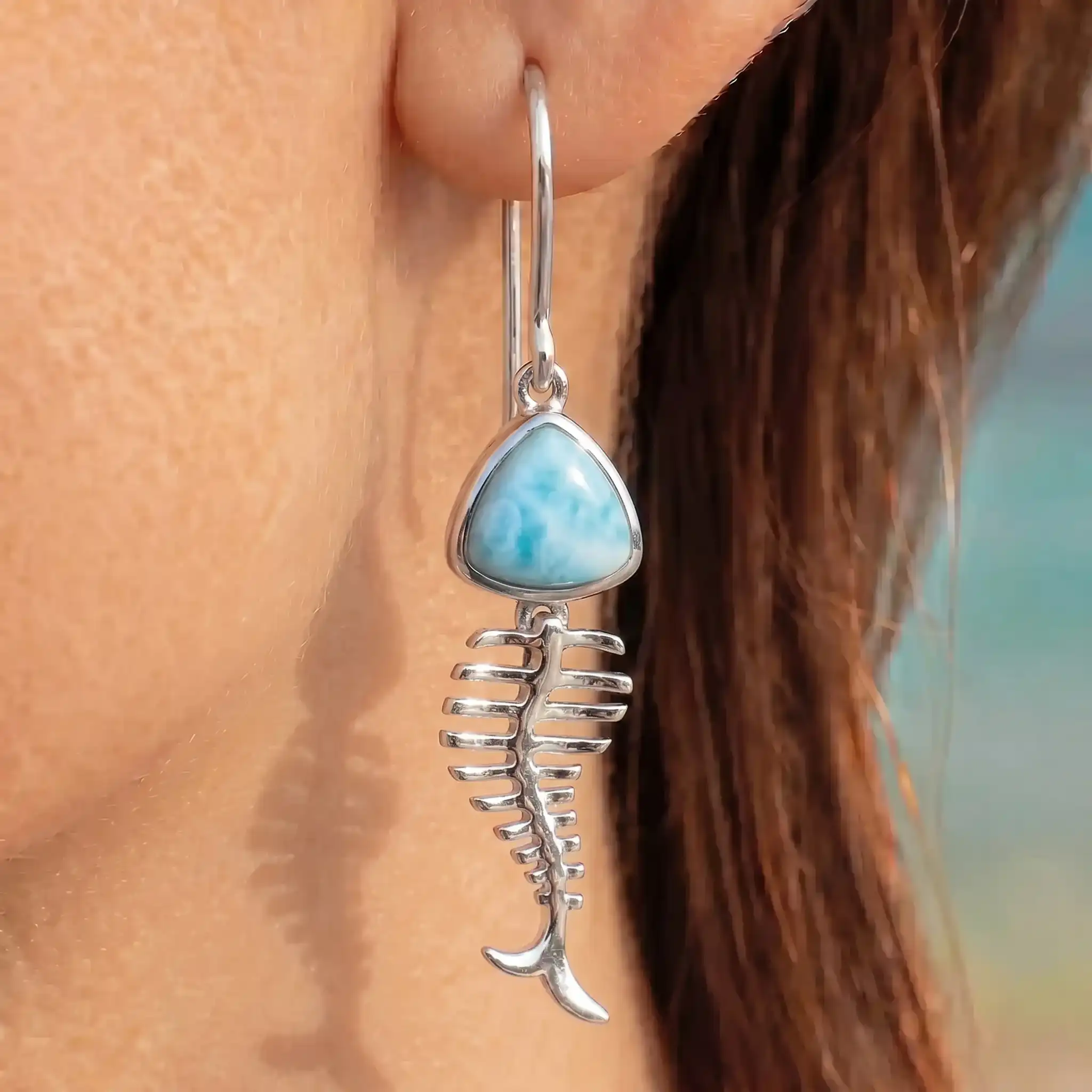 Fish Earrings in sterling silver with larimar stones by Marahlago