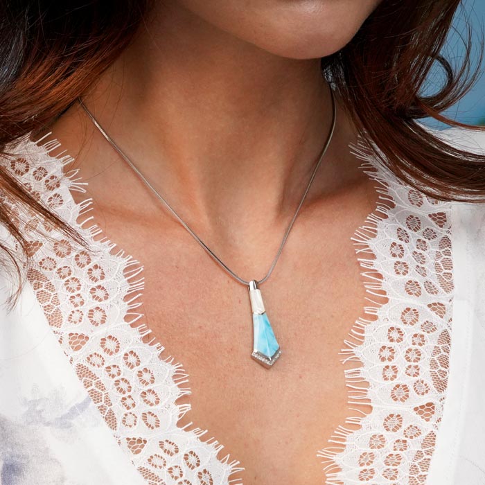 Larimar Sterling Silver Calder Pendant Necklace Marahlago Jewelry White Mother of Pearl White Sapphire