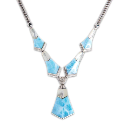 Larimar Sterling Silver Calder Large Pendant Necklace Marahlago Jewelry White Mother of Pearl White Sapphire Silver Blue female