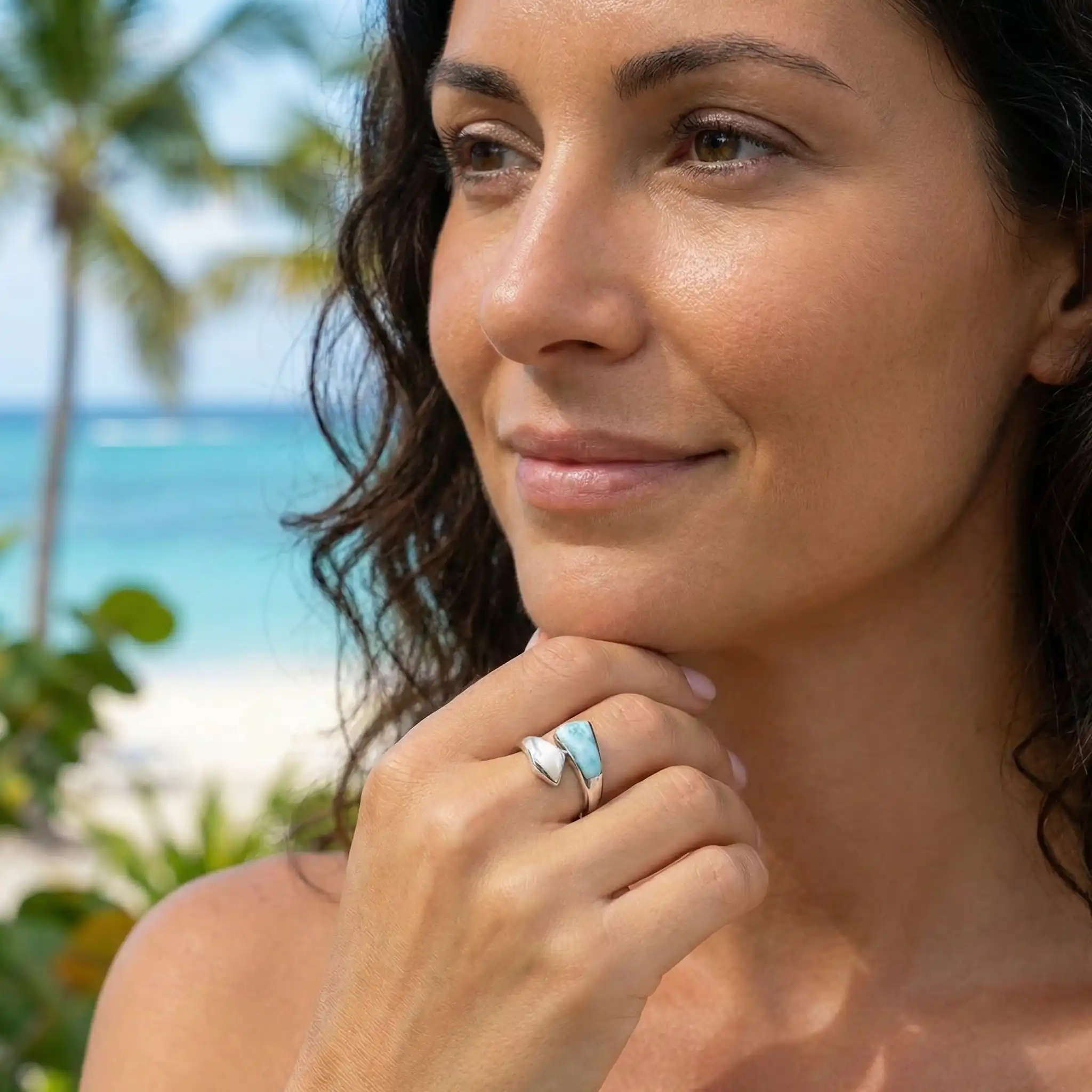 Mother of Pearl Ring with larimar and silver