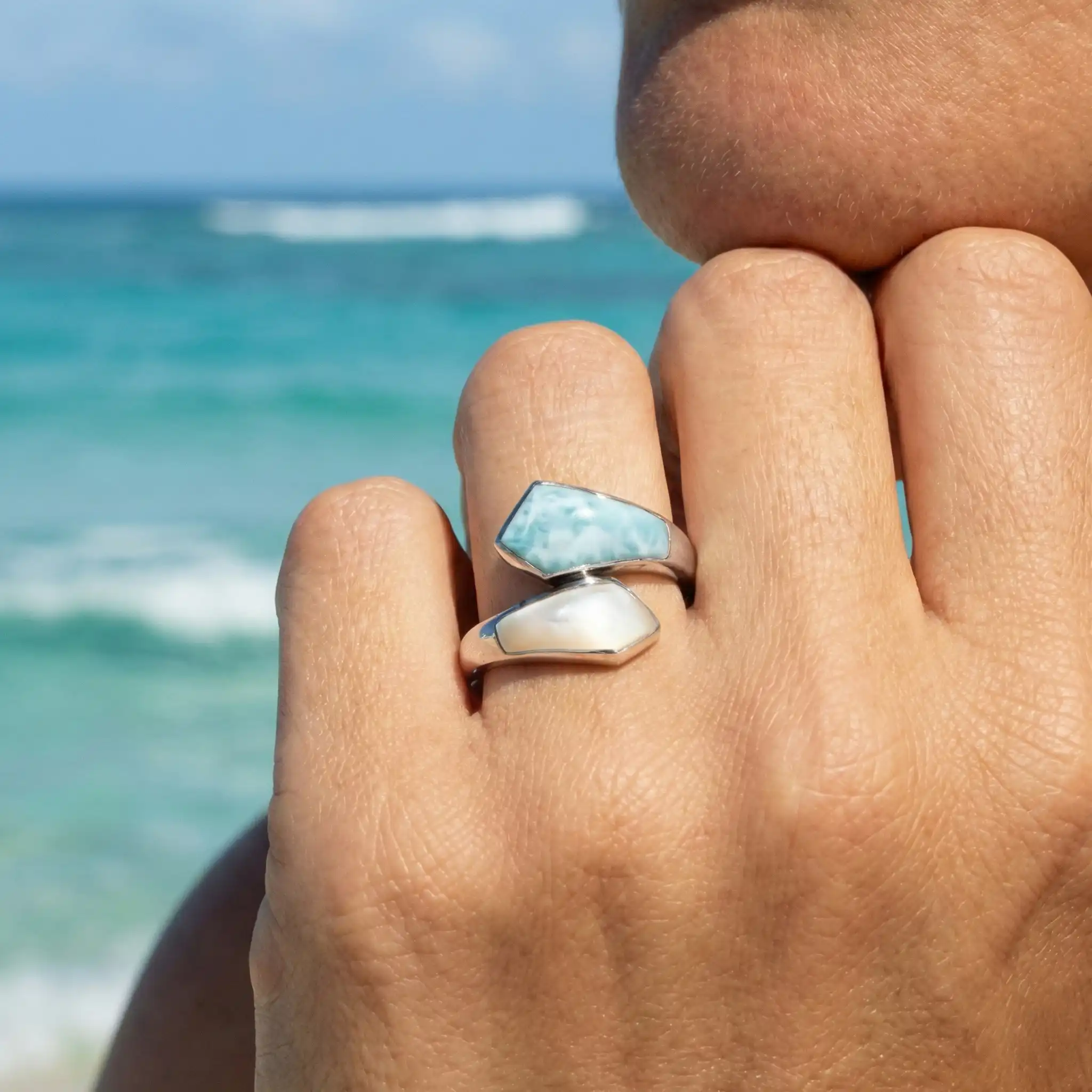 Mother of Pearl Ring with larimar and silver