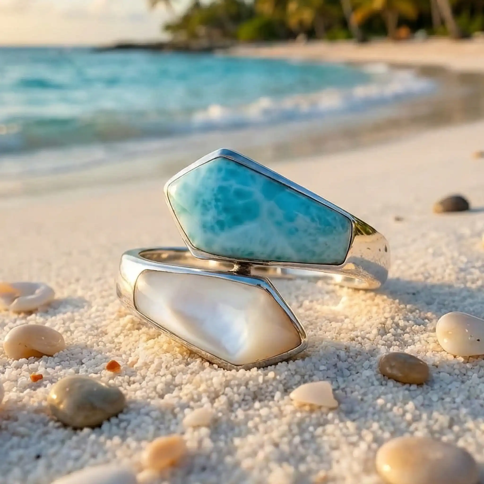 Mother of Pearl Ring with larimar and silver