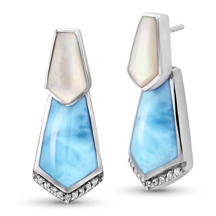 Larimar Sterling Silver Calder Post Earrings Marahlago Jewelry White Mother of Pearl White Sapphire 