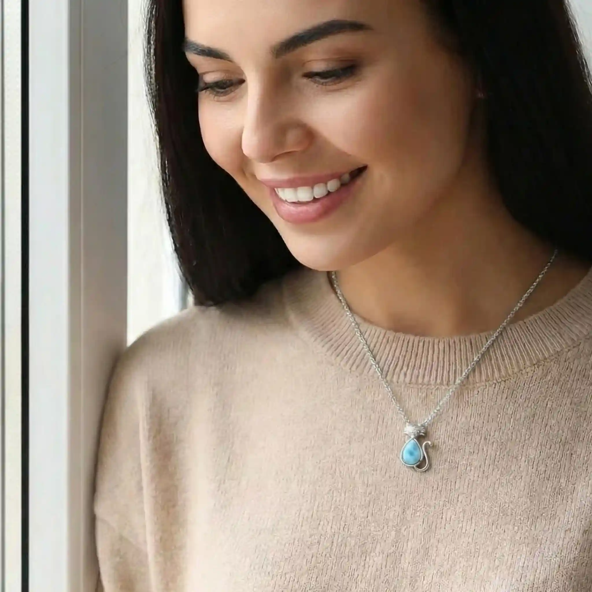 Cat Necklace with sapphires and larimar